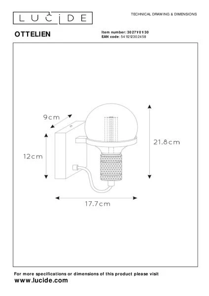 Lucide OTTELIEN - Wandlamp - Ø 17,7 cm - 1xE27 - Zwart - technisch